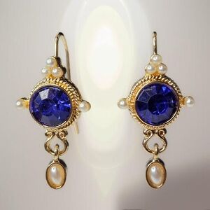 18k Gold Plated Sapphire Crystal Pearl Dangle Earrings